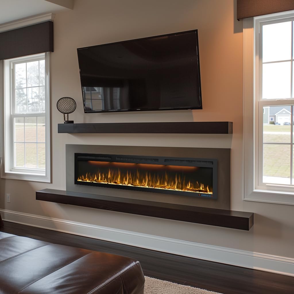 72 inches Electric Fireplace, Recessed and Wall Mounted Fireplace Heater and Linear Fireplace Inserts, Adjustable Heaing& Remote Control& Touchscreen, Multicolor Flame & Realistic logs,1500W, Black