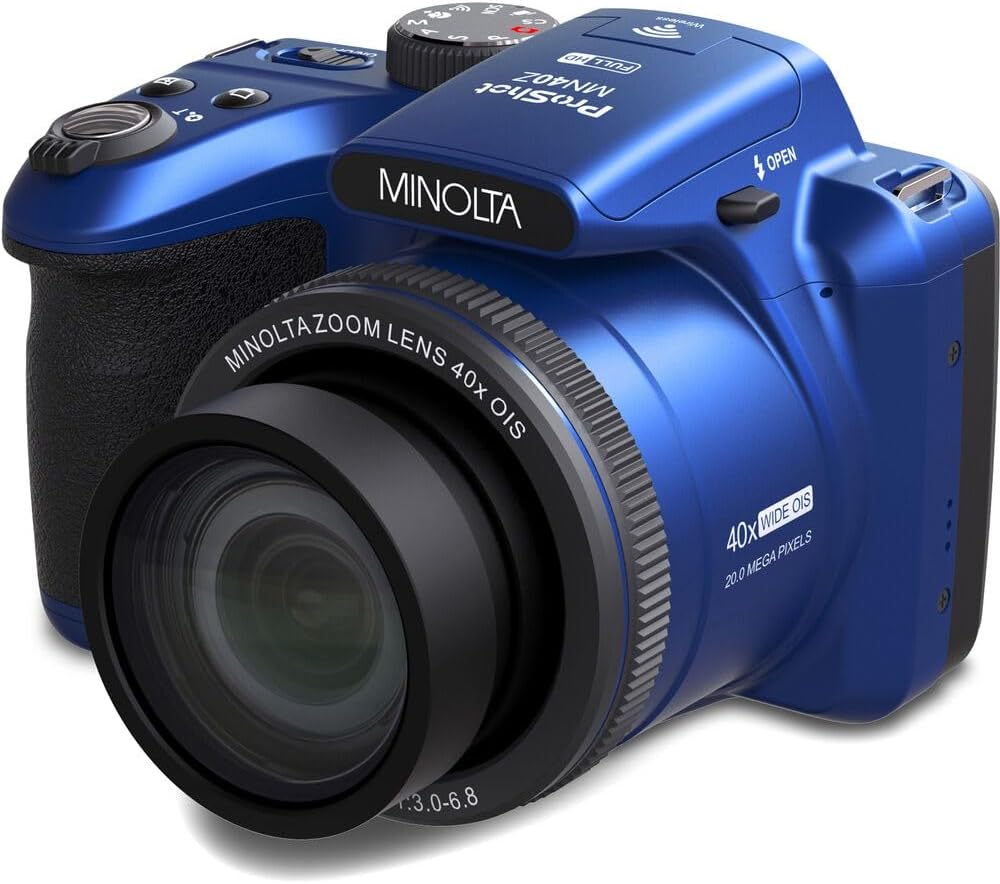 MINOLTA MN40Z 20 Mega Pixels 40x Optical Zoom Digital Camera with 1080p FHD Video  Blue  Bundle with 64GB Memory Card + Vlogging Tripod + 4xAA Battery with Charger + More Accessories