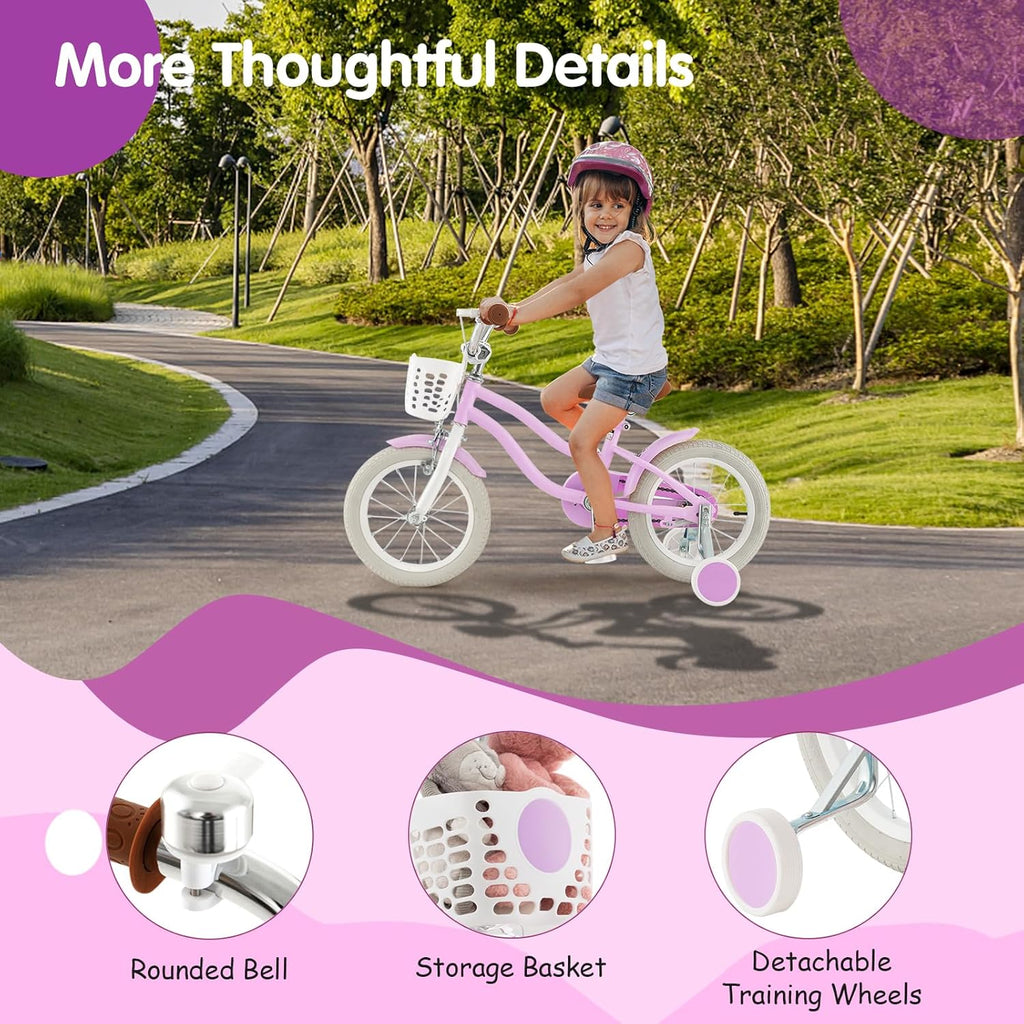 HONEY JOY Kids Bike, 12 14 16 18 20 Inch Toddler Bikes w/Training Wheels, Handbrake & Coaster Brake, Fully Enclosed Chain, Adjustable Handlebar & Seat, Kids Bicycle w/Basket, Girls Boys Bike 3-8