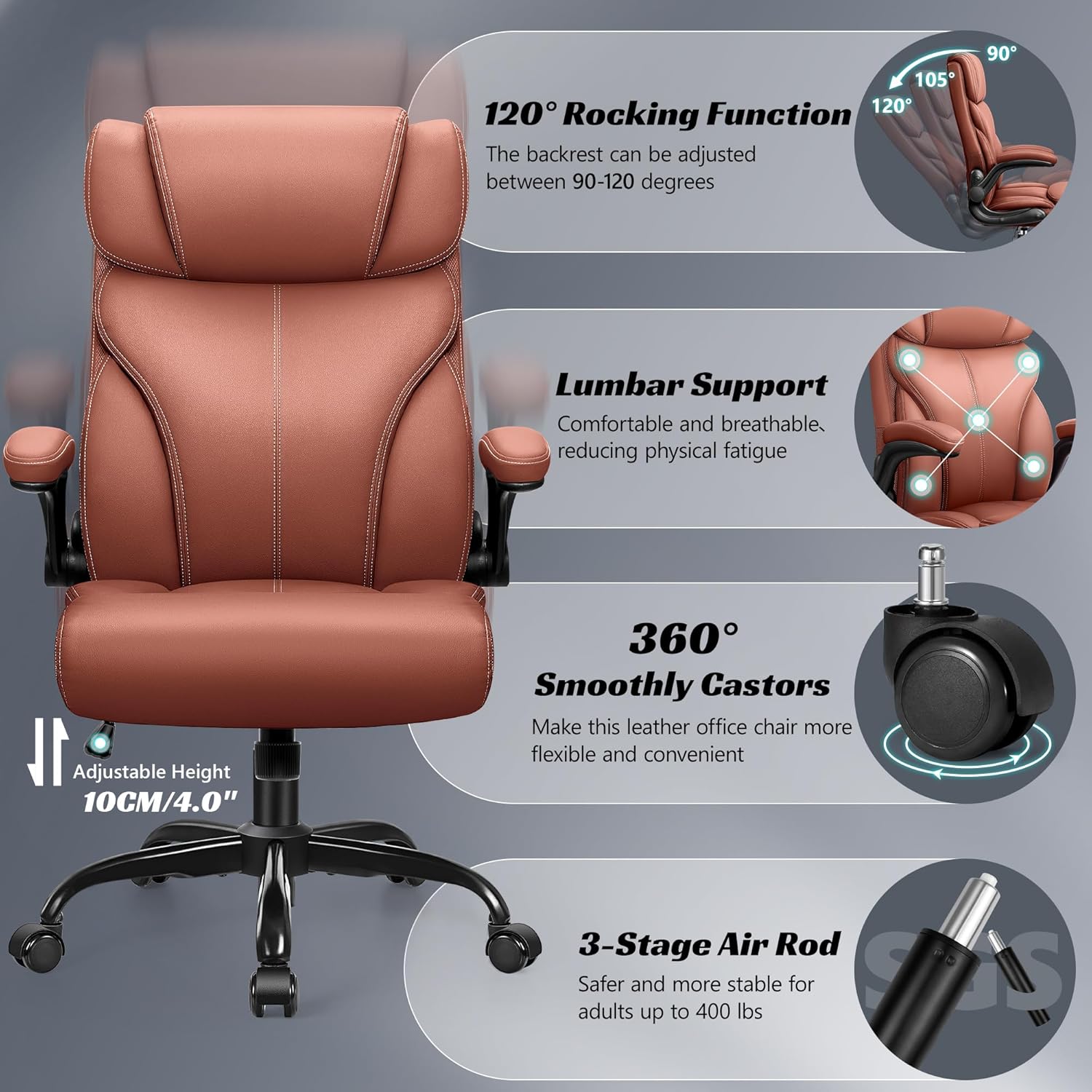 HeroSet Office Chair, Ergonomic Big and Tall Computer Desk Chairs, Executive Breathable Leather Chair with Adjustable High Back Flip-up Armrests, Lumbar Support Swivel PC Chair with Rocking Function
