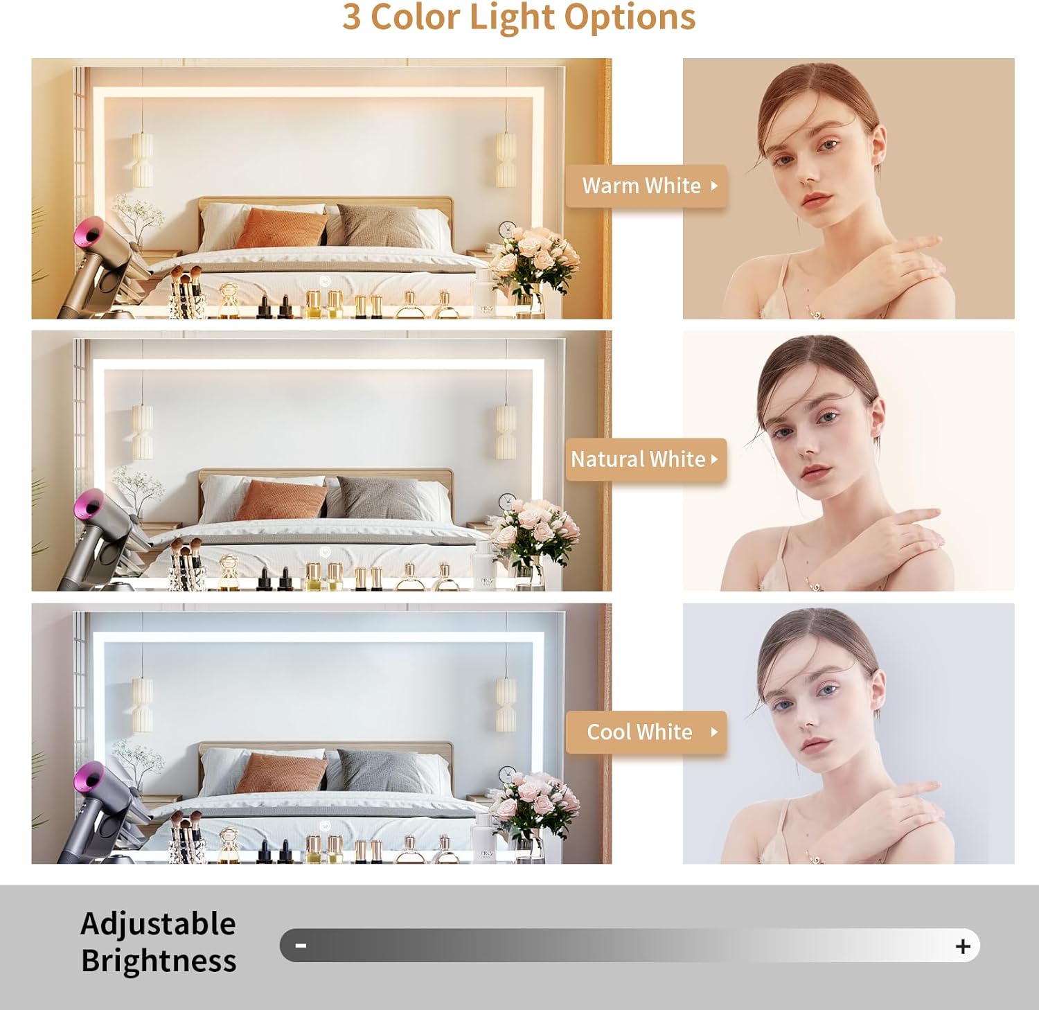 VOWNER Vanity With Lighted Mirror - Makeup Desk With Power Outlet and 9 Drawers, 3 Color Lighting Modes Adjustable Brightness, 43" Table With Soft Cushioned Stool for Bedroom, White
