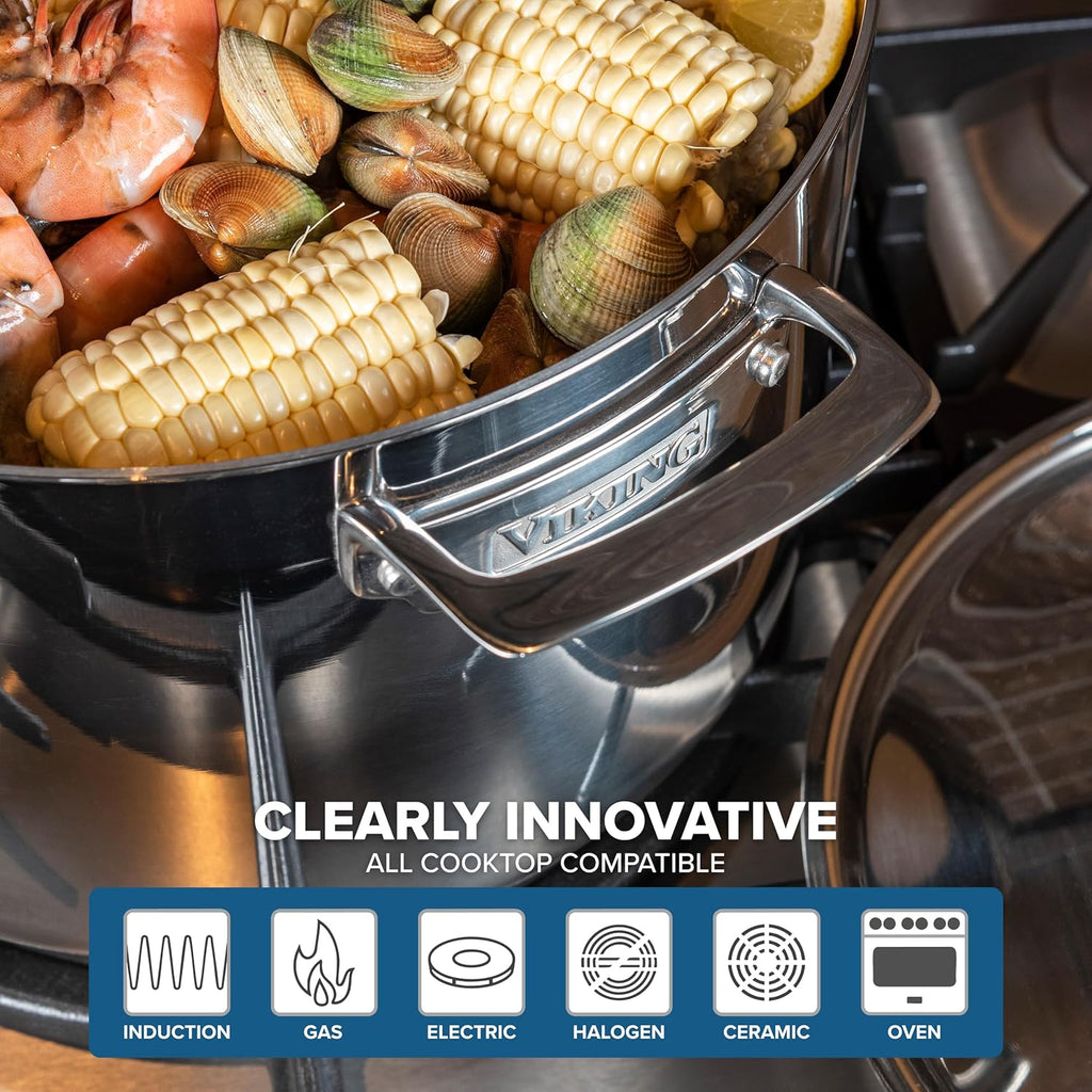 Viking 3-Ply Stainless Steel Stock Pot, 12 Quart Soup Cooking Pot with Lid, Kitchen Cookware, Dishwasher and Oven Safe, Induction Ready, Silver
