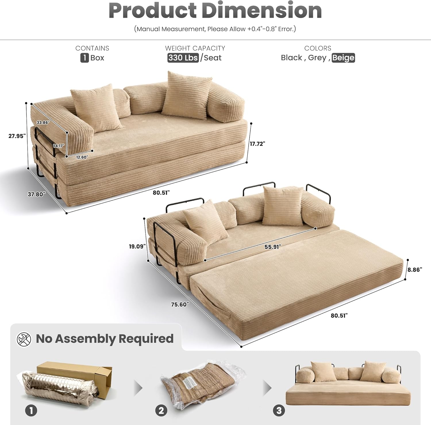ovios 81" Folding Sofa Bed, Foldable Sleeper Boneless Couch with Pull Out Beds, Modular Convertible Floor Futon Loveseat Lounger for Living Room (Corduroy, Beige)