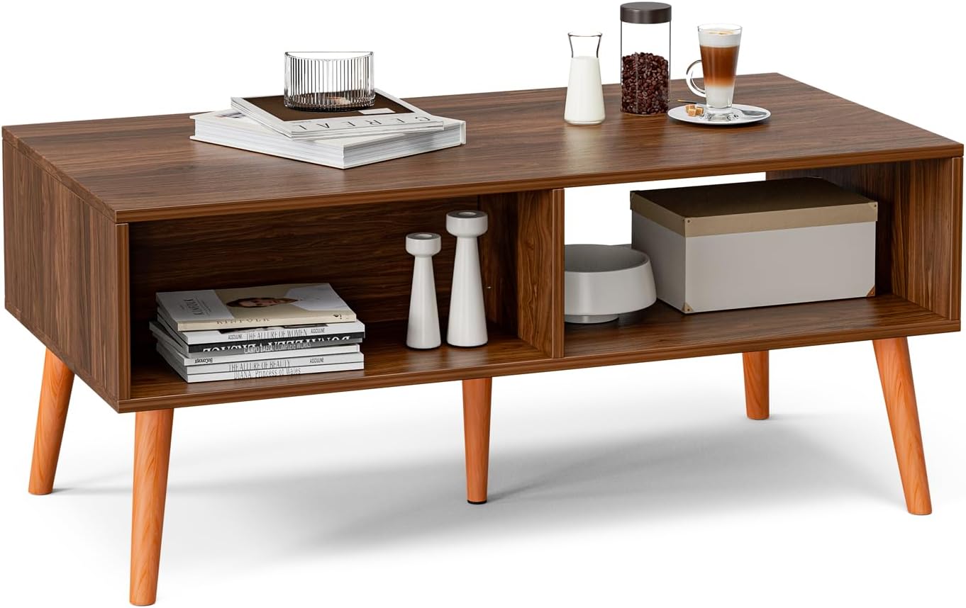 ZttRiee Coffee Table with Storage, Boho Dining Table with Rattan Drawer and Solid Wood Legs, Small Coffee Tables for Living Room, Walnut