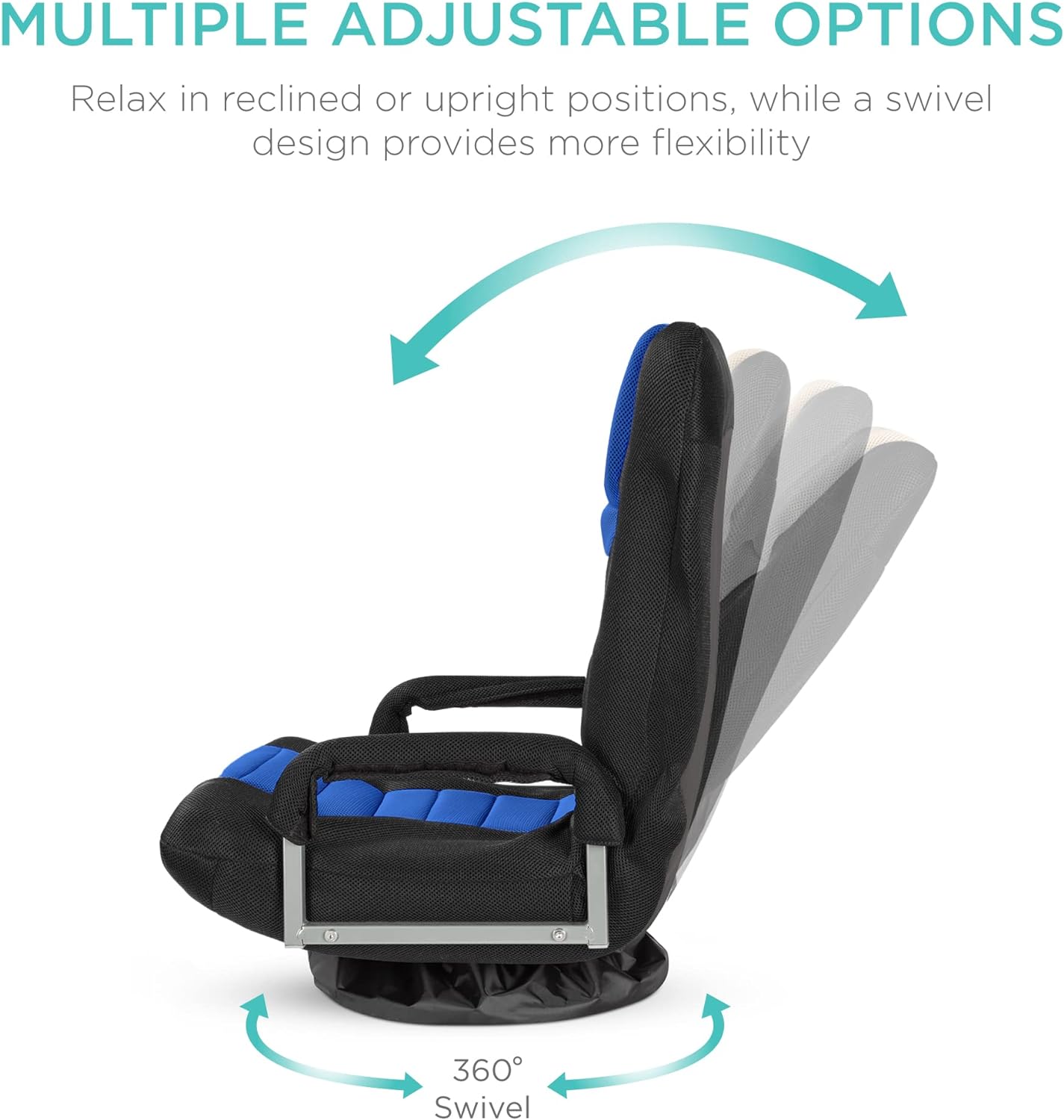 Best Choice Products Swivel Gaming Chair 360 Degree Multipurpose Floor Chair Rocker for TV, Reading, Playing Video Games w/Lumbar Support, Armrest Handles, Adjustable Foldable Backrest - Black/Blue