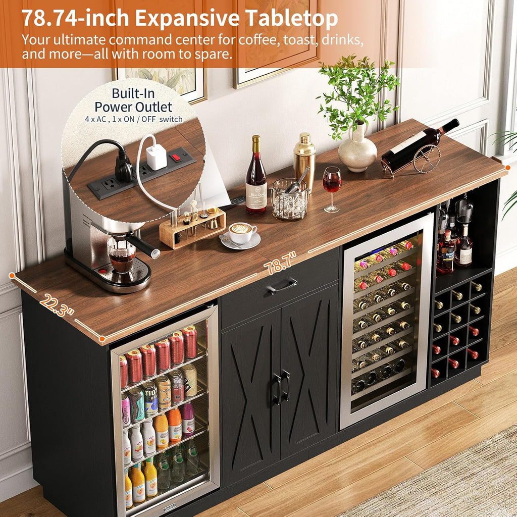 78.74" Large Coffee Bar Cabinet with Fridge Space, Mini Fridge Cabinet with Storage, Liquor Cabinet with Wine Rack Glass Holder Power Outlets for Living Room, Kitchen, Black KTSR003B