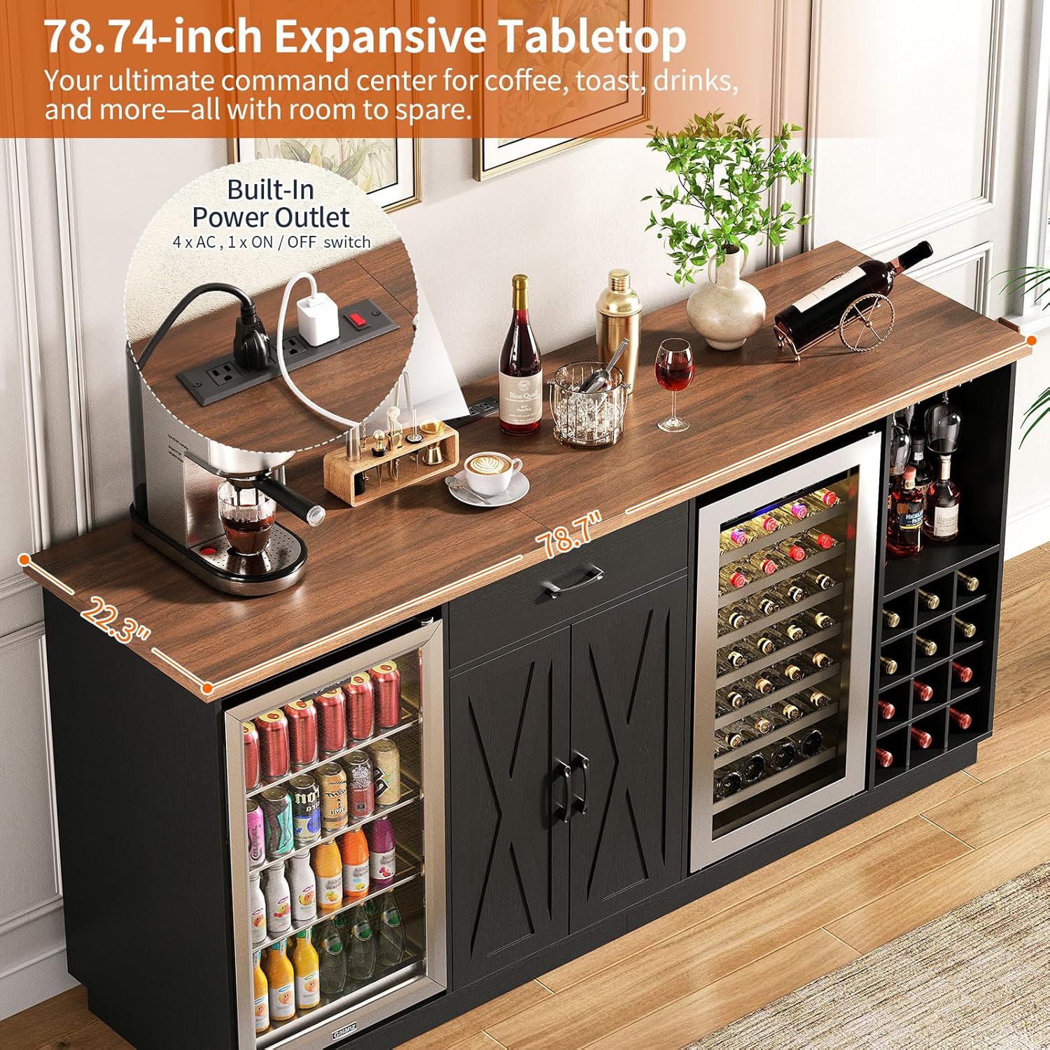 78.74" Large Coffee Bar Cabinet with Fridge Space, Mini Fridge Cabinet with Storage, Liquor Cabinet with Wine Rack Glass Holder Power Outlets for Living Room, Kitchen, Black KTSR003B