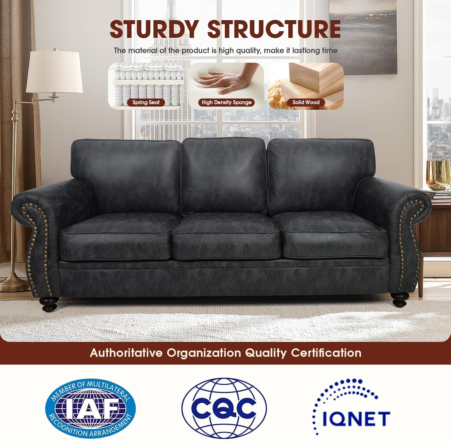 Mid-Century Vintage Sofa Couches with Rivet Design,3-Seater Sofa,Removable Sofa Cover Upholstered Cushions and Solid Wood Frame (Grey, 3-Seater)