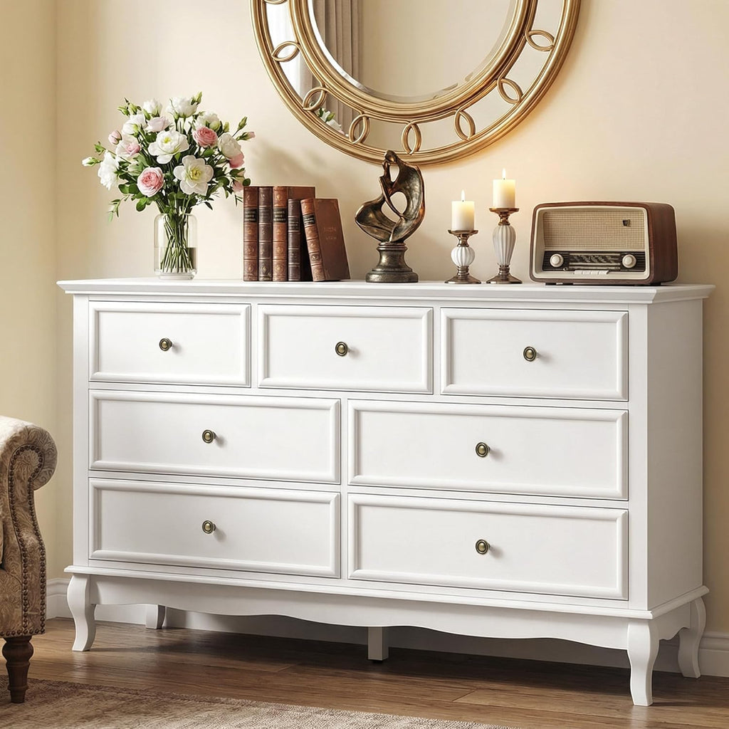 RoyalCraft 53" Wide 7 Drawer Dresser, White Dresser for Bedroom, Modern White Chest of Drawers with Solid Wood Legs and Painted Finish, Wooden Storage Closet Cabinet Organizer for Hallway, Living Room