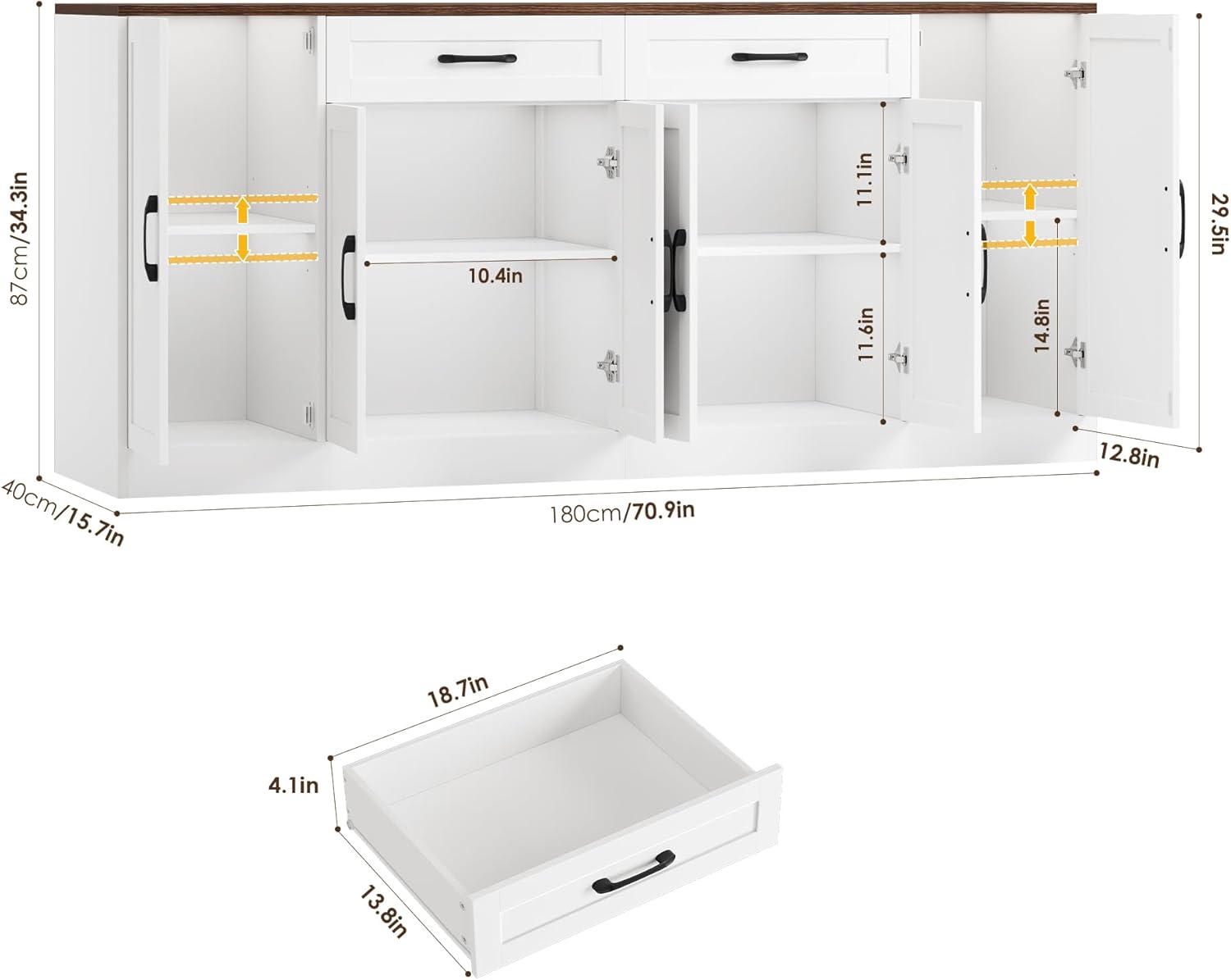 71” Large Buffet Cabinet with Storage, Sideboard Buffet Cabinet with Adjustable Shelves and 6 Soft-Close Doors, Wood Coffee Bar Console Table for Kitchen, Dining Room, White