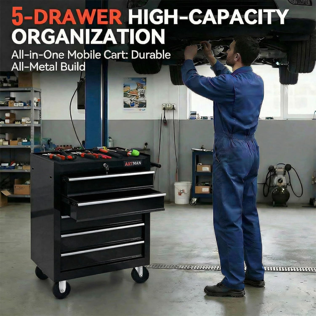 5 Drawers Tool Cart on Wheels, Rolling Tool Chest Tool Storage, Drawers Rolling Tool Trolley Organizer Tool Case for Garage, Warehouse, Workshop, Repair Shop (5 Drawers-Black)