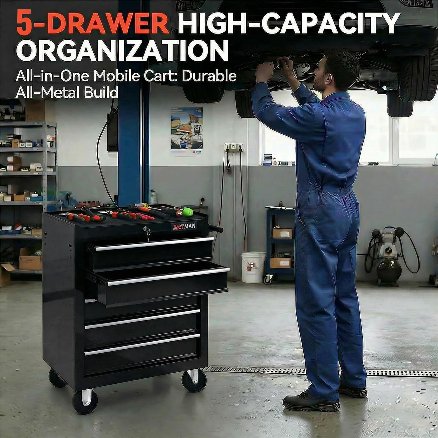 5 Drawers Tool Cart on Wheels, Rolling Tool Chest Tool Storage, Drawers Rolling Tool Trolley Organizer Tool Case for Garage, Warehouse, Workshop, Repair Shop (5 Drawers-Black)