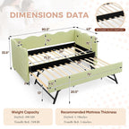 Twin Size Daybed with Pop Up Trundle, Linen Gingham Twin to King Daybed with USB Ports, Upholstered Day Bed Frame, Modern Sofa Bed for Living Room/Bedroom/Guest Room, No Box Spring Needed, Green