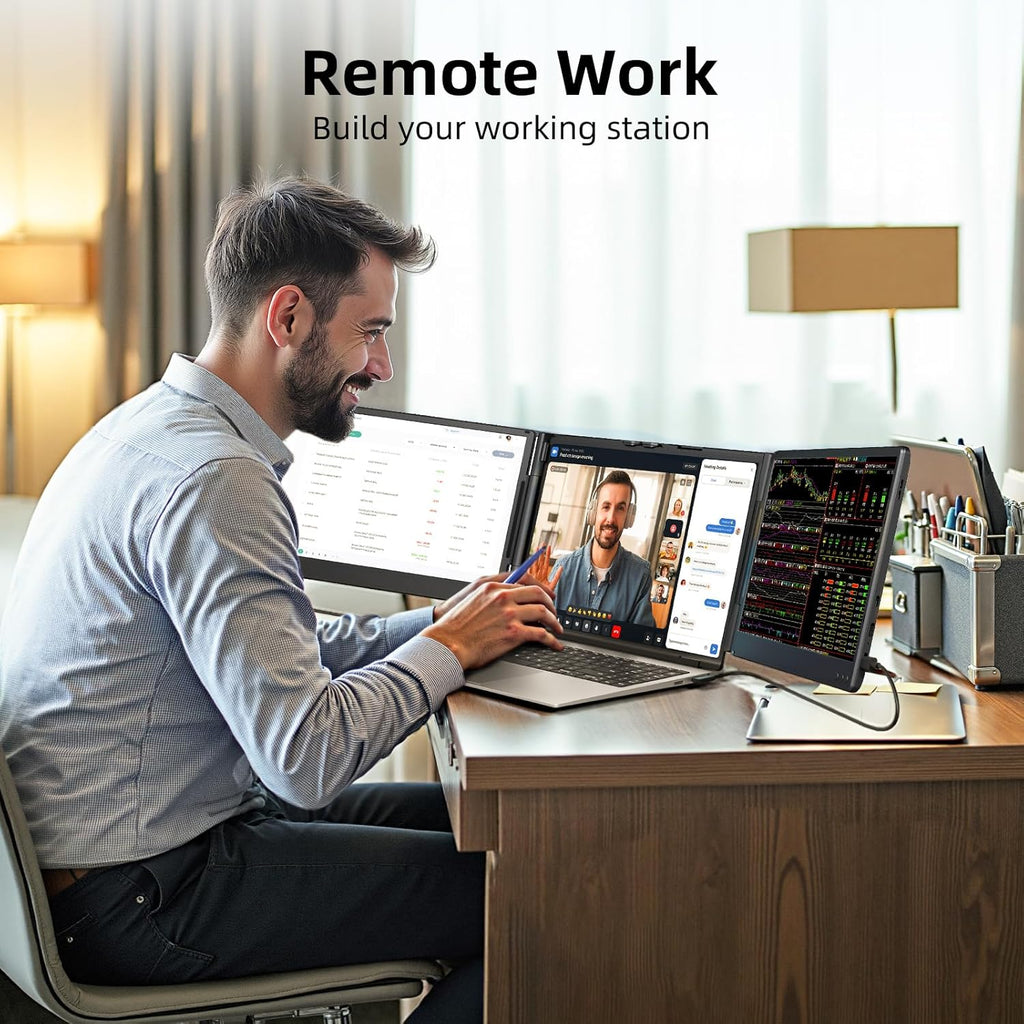 ZUMWALT Laptop Screen Extender  14" Triple Portable Monitor for Laptop  1080P FHD Screen Extender Monitors for 13"-16.5"  Monitor Extender for MacOS/Windows/Chrome (Built-in Speakers)