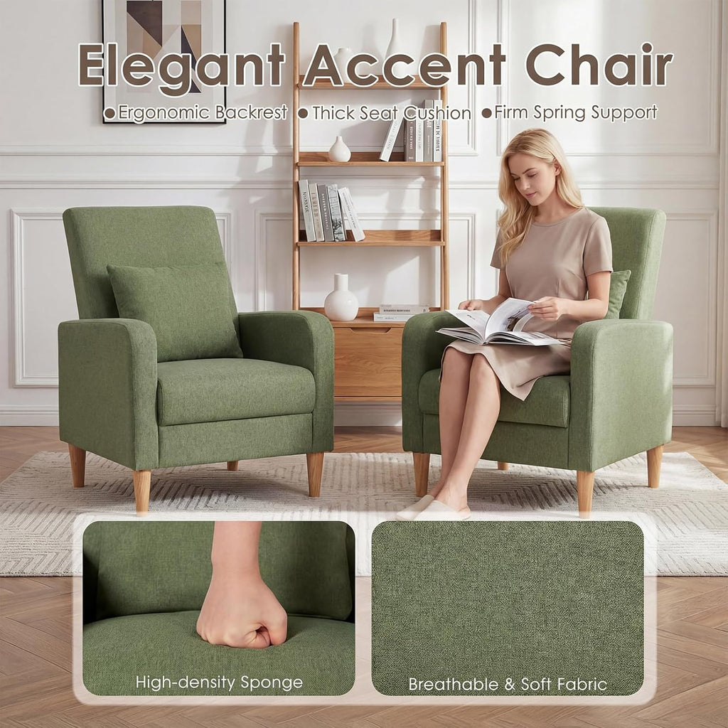 COLAMY Mid-Century Modern Upholstered Accent Chair with Back Pillow & Solid Wood Legs, Fabric Cozy Armchair for Living Room, Bedroom, Reading Nook, Apartment & Small Spaces, Green