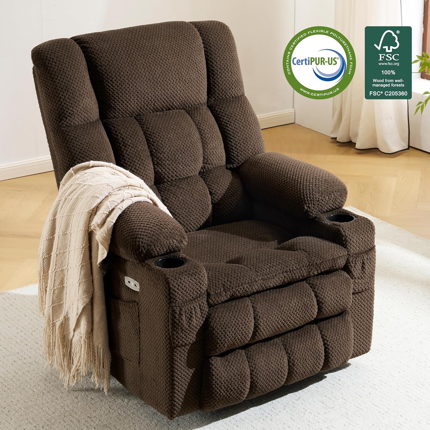 MCombo Dual Motor Large Power Lift Recliner Chair for Elderly, Lay Flat Lift Chair with Heat and Massage, Big Lift Recliner for Tall People, Cup Holders, Fabric 7896 (Large, Mocha)