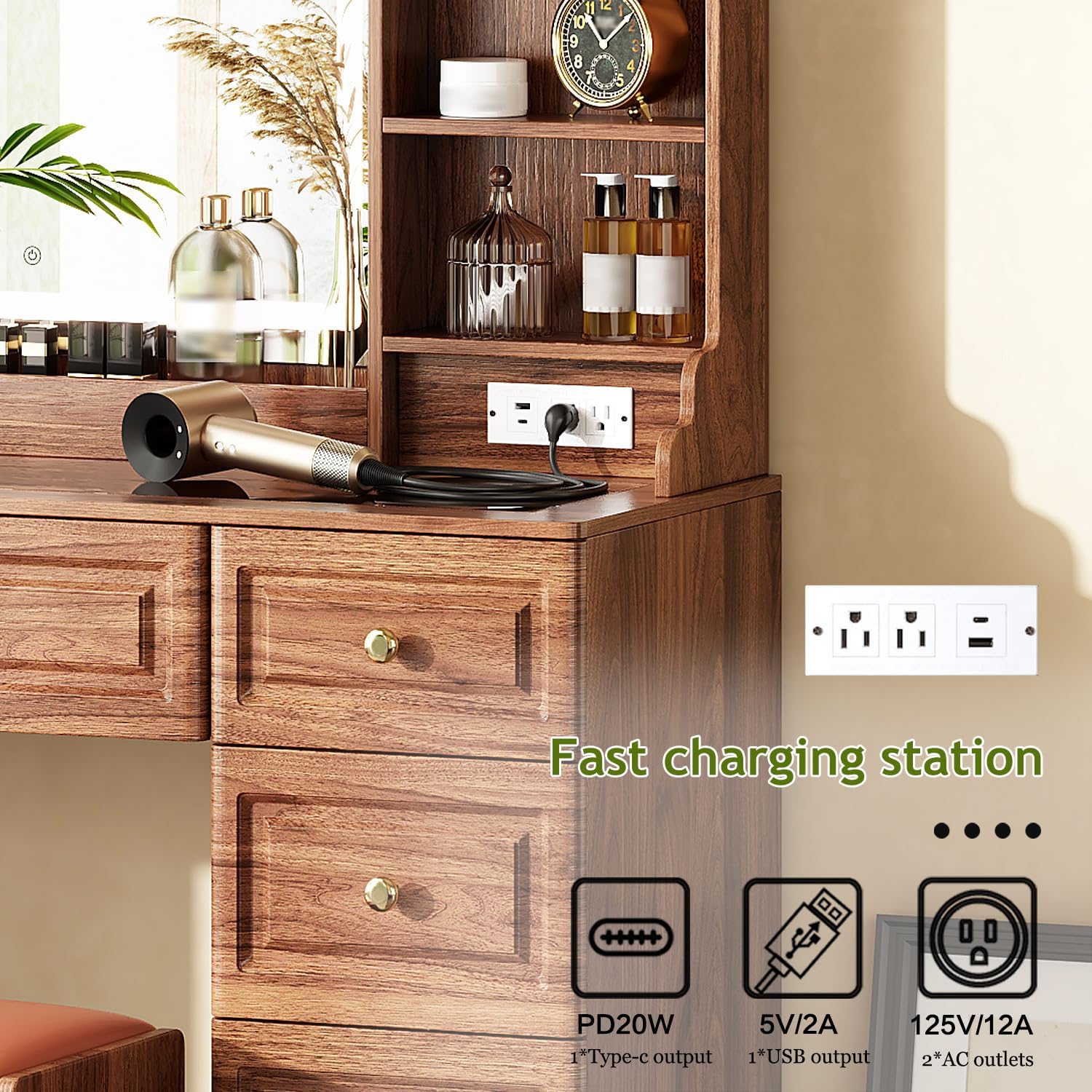43" Makeup Vanity Desk with Mirror and Lights, & Power Outl, Glass Top Big Vanity Table with 9 Drawers& 8 Storage Shelves, Dressing Table Set with Chair for Bedroom, Brown