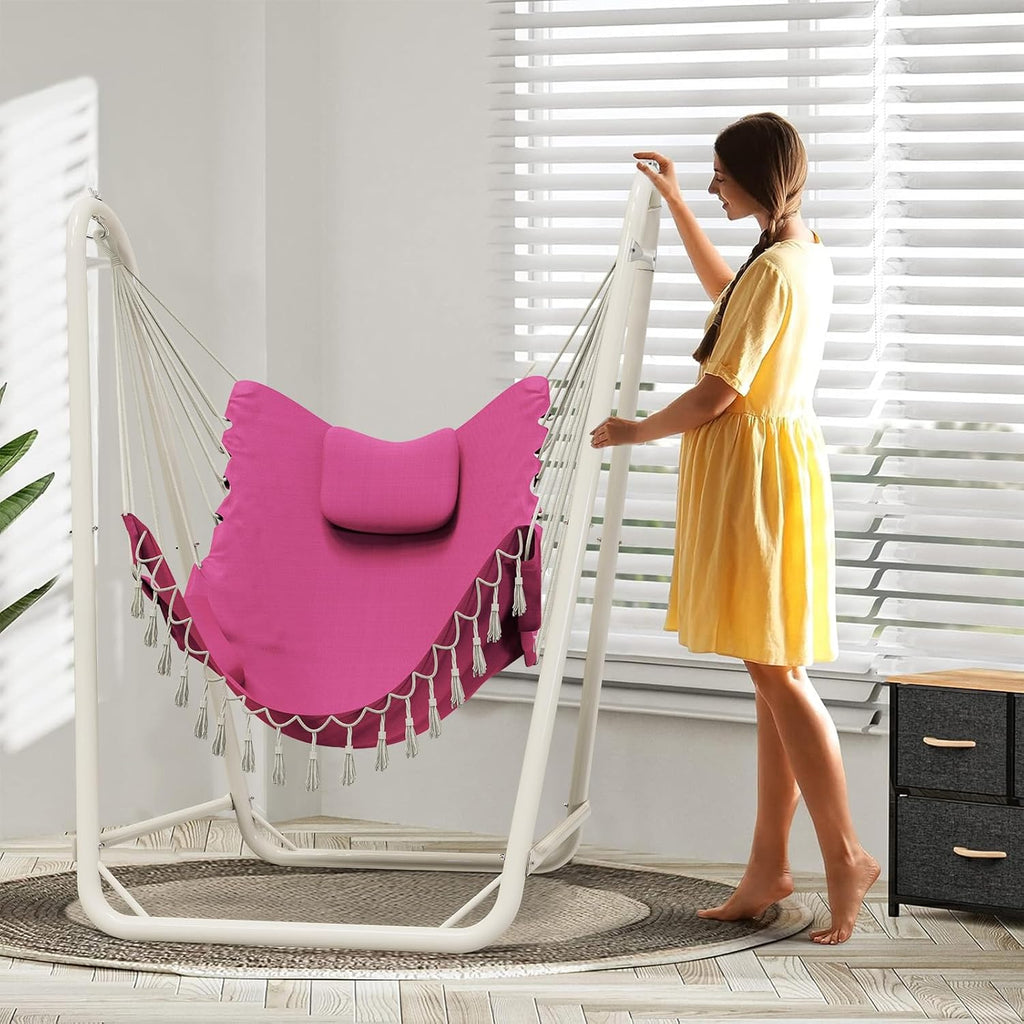 Hammock Chair with Stand,Heavy-Duty Hanging Chair with Stand, for Indoor Outdoor,Sturdy Swing Chair Stand Max Load 350 pounds(Hammock Chair Included) (Pink)