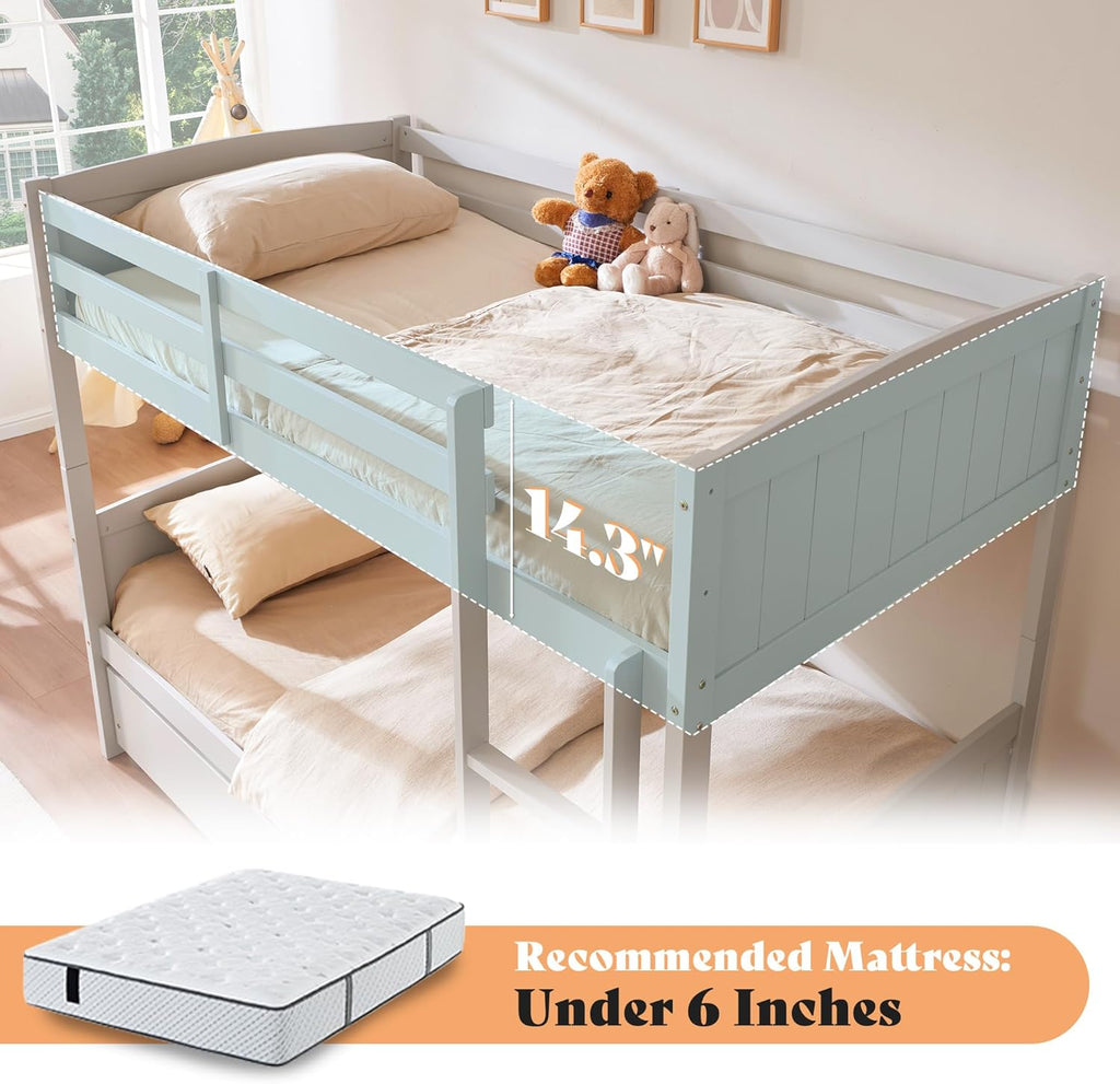 AMERLIFE Twin Over Twin Bunk Bed with Storage Drawers, Solid Rubberwood 2-in-1 Convertible Loft Beds with Ladders, Modern Detachable Bed Frame for Kids and Teens Bedroom, Grey