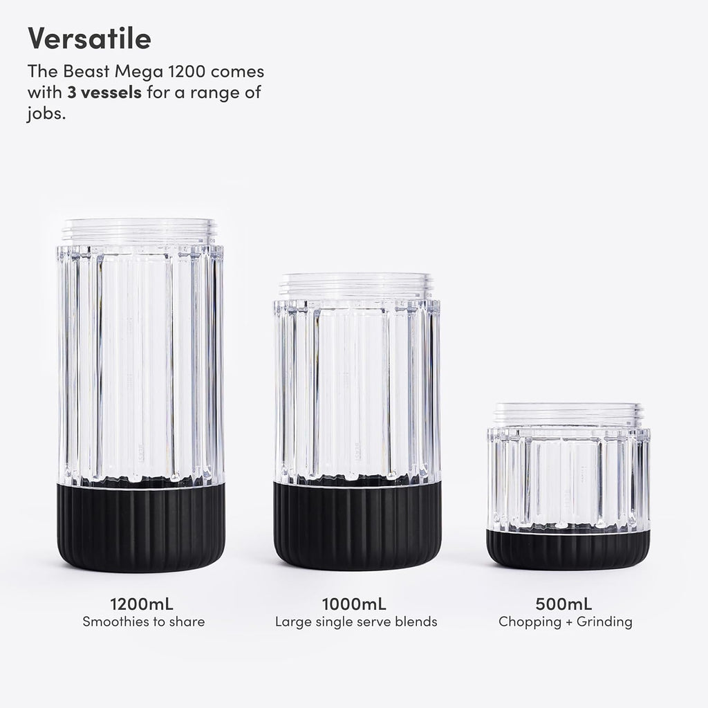 Beast Mega 1200 Plus | Premium Countertop Blender | Smoothies, Shakes, Sauces, Dips, Soups | Blends Ice and Frozen Fruit | XL Vessel | With Extra Vessels, Straw System | 1200W | (Carbon Black, 120V)