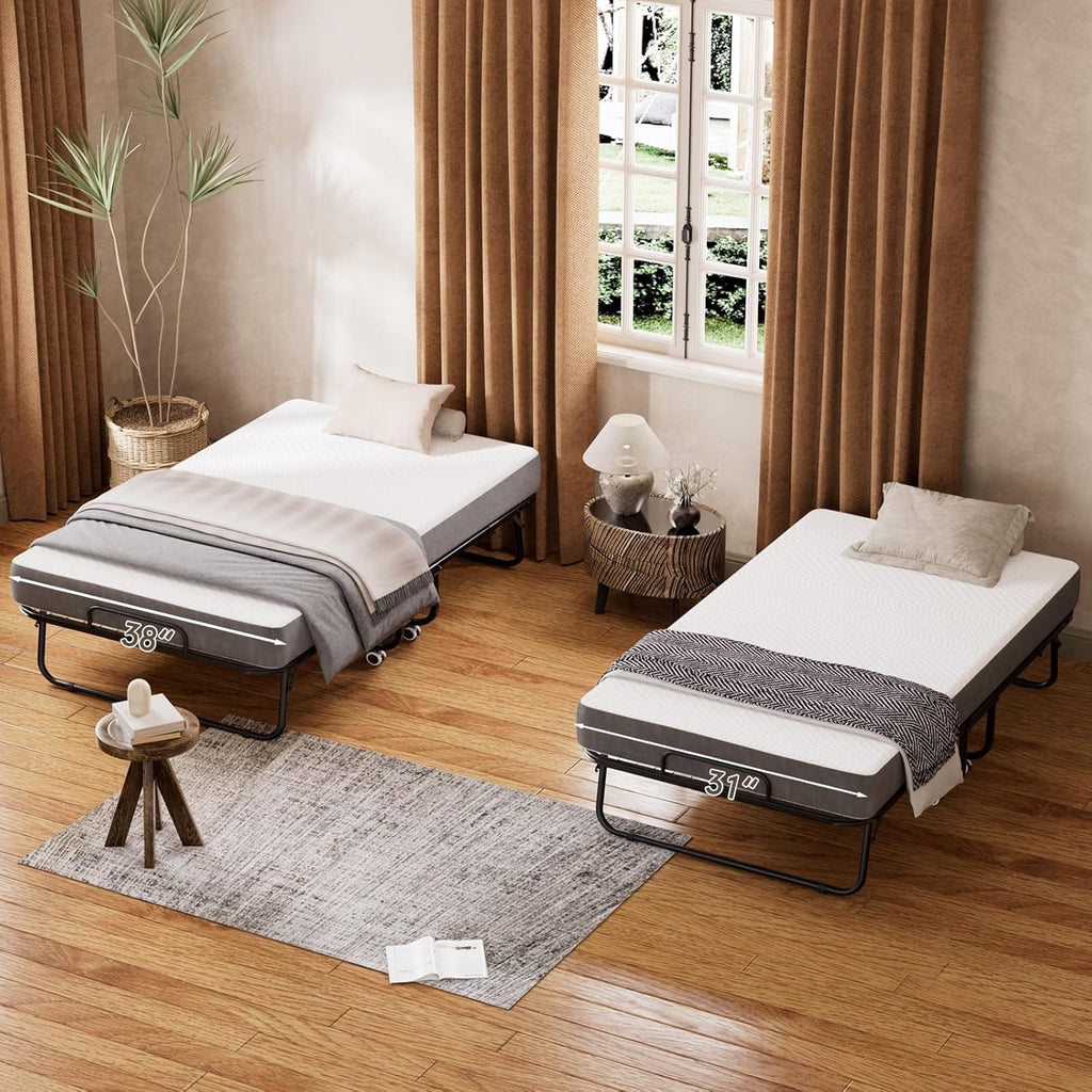 75" x 31" Folding Bed with Mattress for Adults, Rollaway Bed with Mattress, Foldable Bed with 5" Memory Foam Mattress, Space-Saving Sturdy Metal Frame for Bedroom & Office