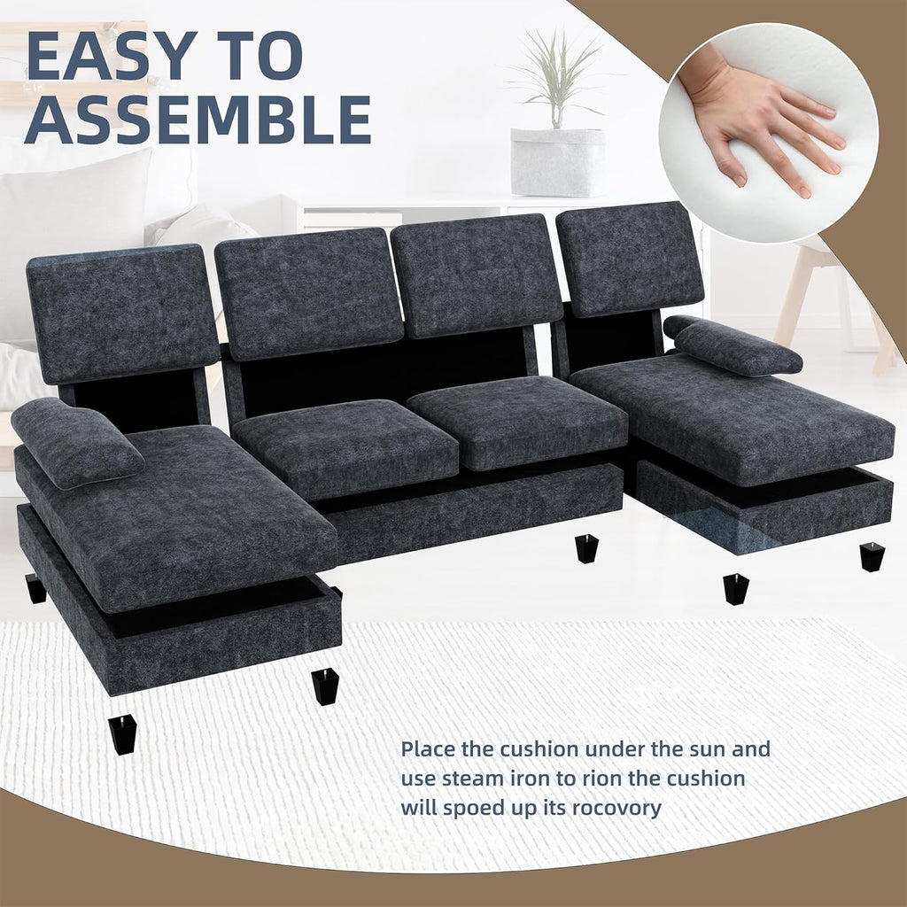 Shintenchi U-Shaped Sectional Couches for Living Room, 4 Seat Sofa with Double Chaise Lounges,Solid Wood Frame Sectional Sofa for Apartment