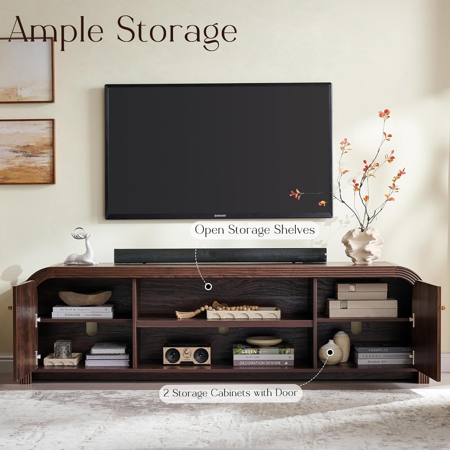 T4TREAM 70" Modern Fluted TV Stand, Long TV Table Entertainment Center with Storage, Media Console for Living Room with Door and Adjustable Shelves (Dark Walnut)