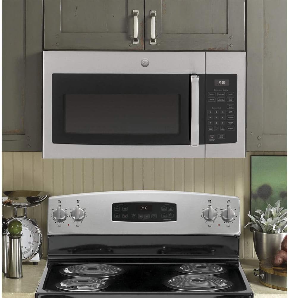 GE JVM3160RFSS 30" OTR Microwave, 1.6 cu ft, 1000W, 300 CFM Hood Vent, LED Lighting, Auto Defrost, Easy Mount Install, Stainless Steel