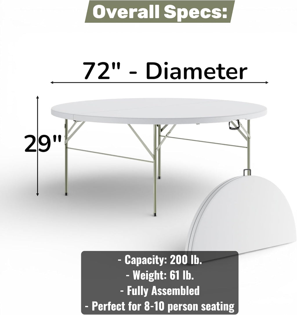 6 Ft Round Bi-Fold Folding Table with Carry Handle, 72" Bi-fold Table, Portable Plastic Table with Steel Legs for Party, Dining, Wedding, Events, Picnic, Indoor Outdoor Use