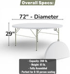 6 Ft Round Bi-Fold Folding Table with Carry Handle, 72" Bi-fold Table, Portable Plastic Table with Steel Legs for Party, Dining, Wedding, Events, Picnic, Indoor Outdoor Use