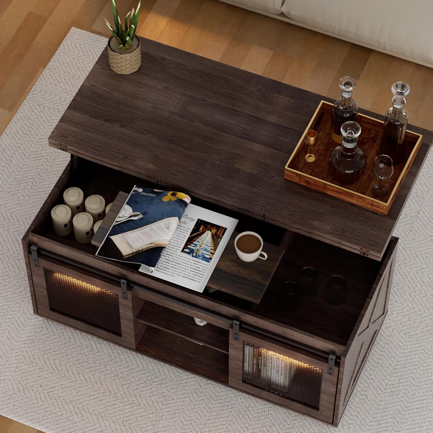 Upgraded Coffee Table with Lifting Top And Sliding Doors, Thick Panels, Industrial Metal Mesh Sides, Dual LED Accent Lights, Large Storage Center farmhouse square Table for Living Room, Dusk Walnut
