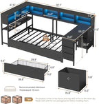 Hasuit Twin Corner Bed with Desk and Storage Bookcase, Daybed with 2 Drawers & 2 Storage Bins, Twin Size Platform Bed Frame with Charging Station and LED Light, Modern Teenagers Bedframe, Black