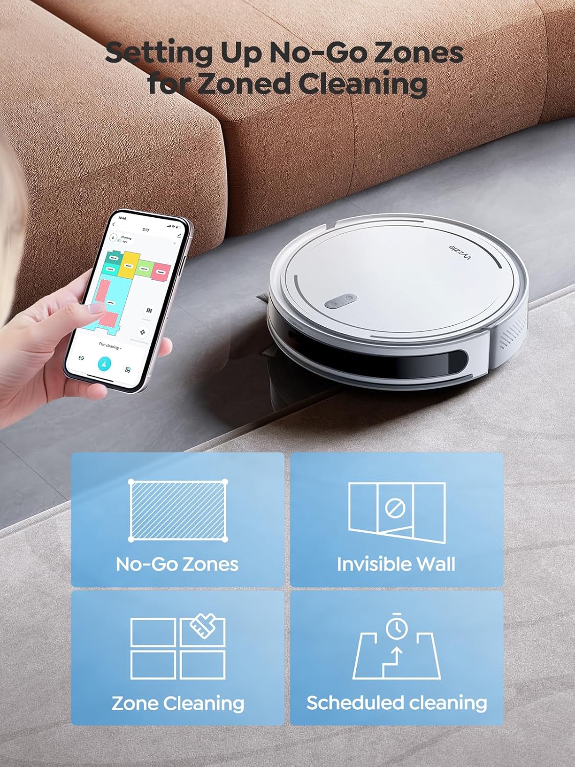 Vyzzle Robot Vacuum and Mop, Smart Navigation Robot Vacuum with 5000Pa Suction, Ultra Slim Robot Vacuum Cleaner, 150Mins Max, App/Alexa Control for Pet Hair, Hard Floor, Carpet, Customized Cleaning