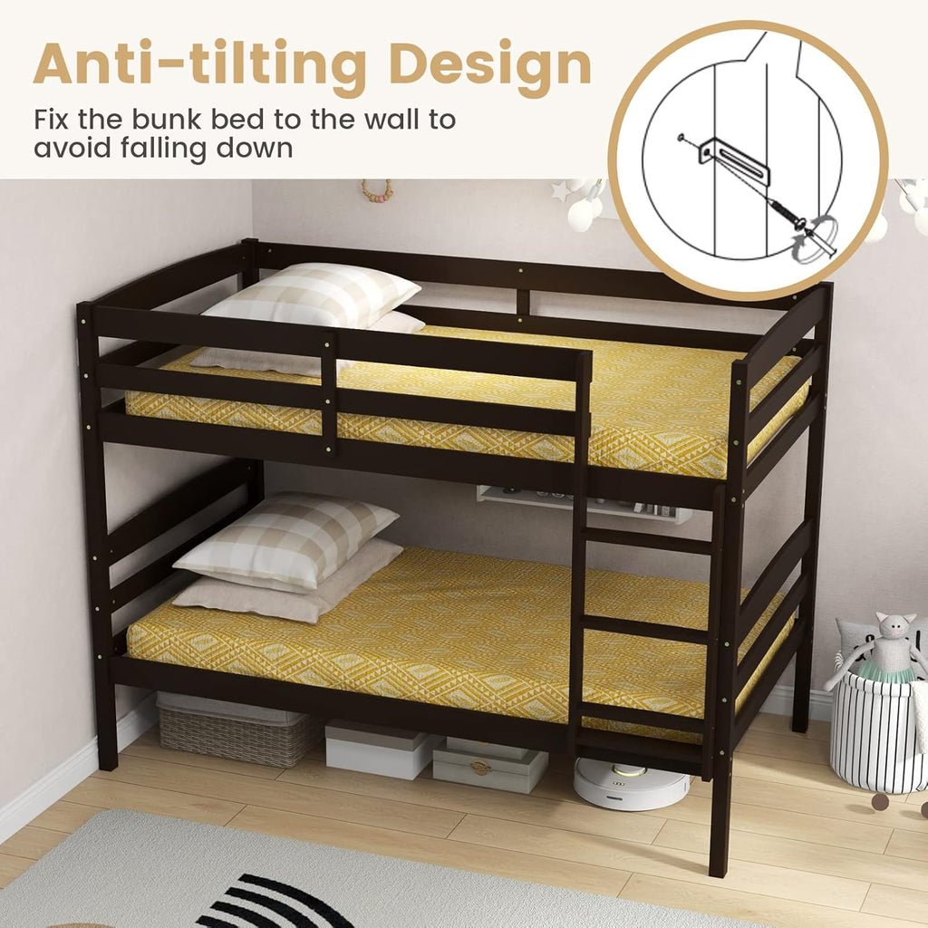 KOMFOTT Bunk Bed Twin Over Twin, Bunk Bed Frame w/Full-Length Guardrail & Integrated Ladder, Wood Bunk Bed for Small Space, Converts to 2 Individual Beds for Kids & Adults, No Box Spring Needed