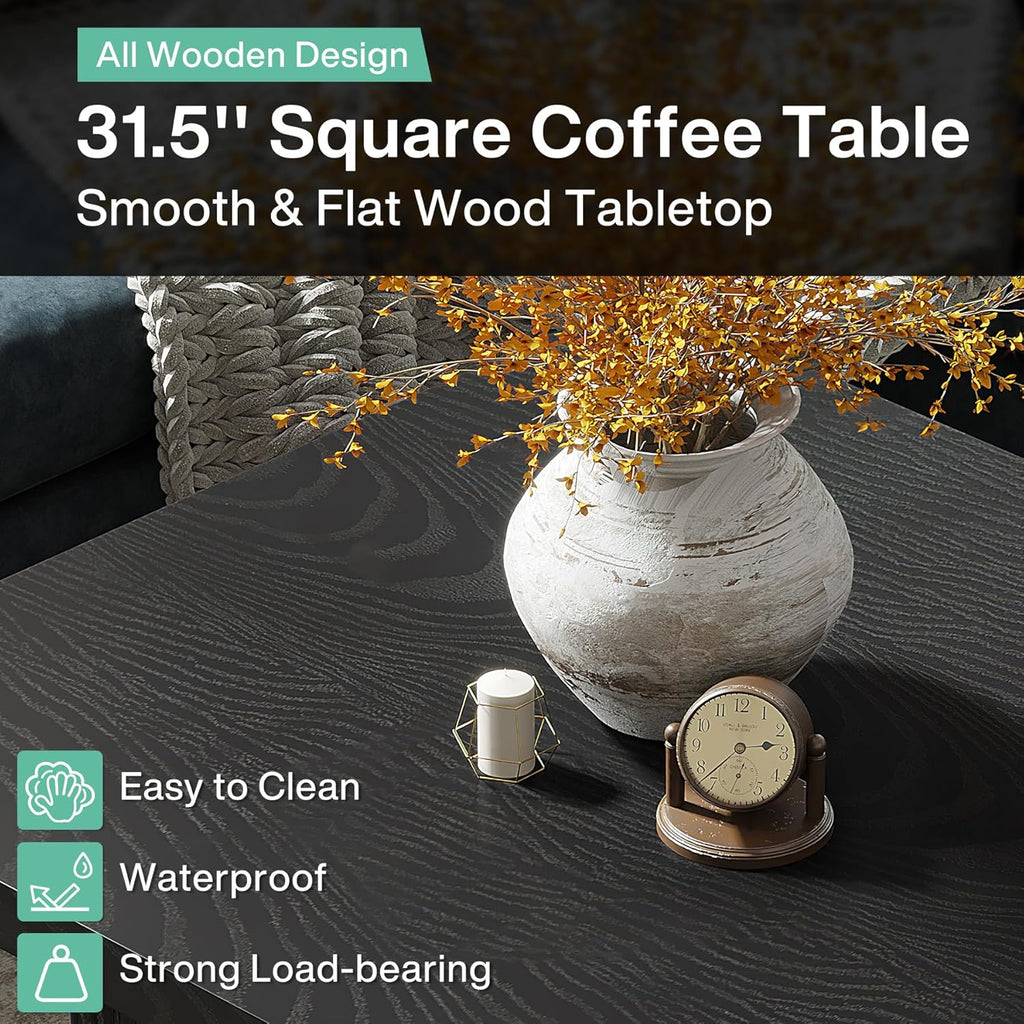 Tribesigns Square Coffee Table, 31.5-Inch Fluted Coffee Table, Mid-Century Modern Living Room Table, Large Cocktail Table for Living Room, Easy Assembly, Black