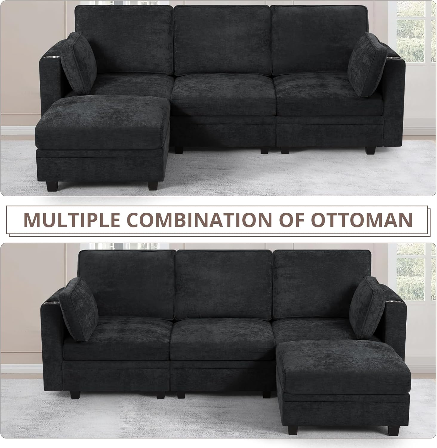 86 Inches Chenille 3-Seat Sofa w/Adjustable Backrests, Sectional Sofa w/Cup Holders & Movable Storage Ottoman, Upholstery Fabric Couch w/USB & Type-C Charging Ports for Living Room, Black