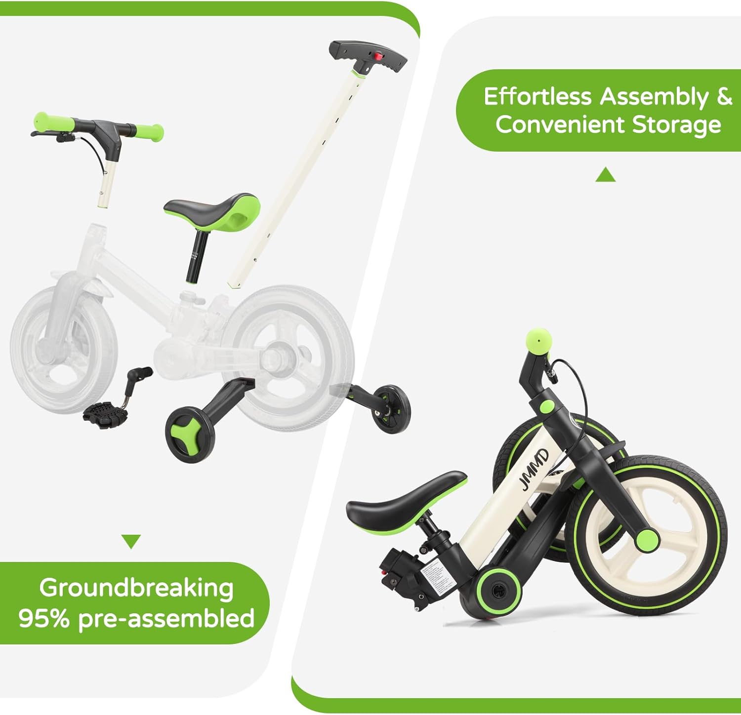 JMMD 6 in 1 Toddler Bike with Push Handle for Kids 18-60 Months, 12" Foldable Balance Bike with Training Wheels, Pedals, Brakes, Kickstand, Push Tricycle Toddler Gift & Toys for Boy & Girl