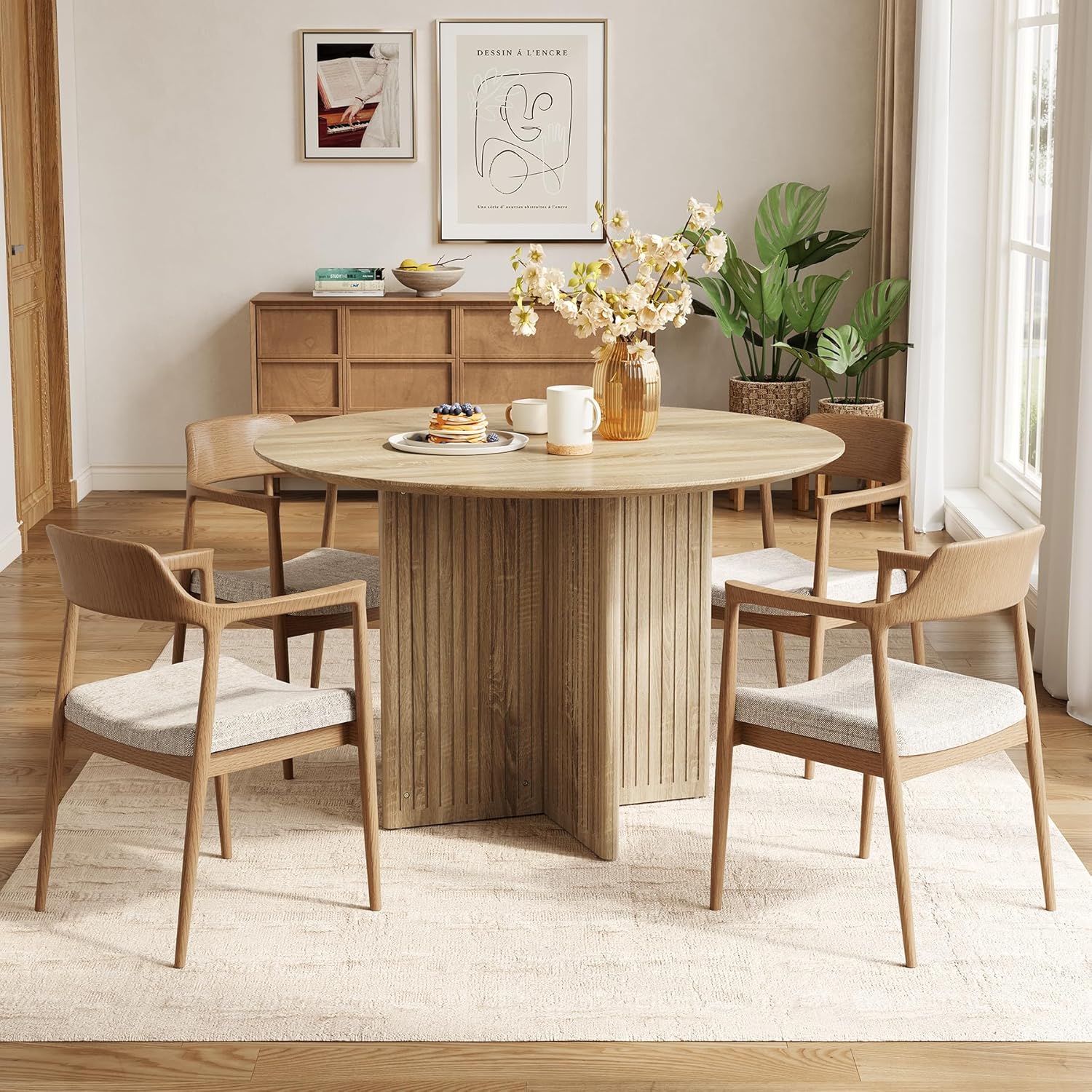 LITTLE TREE Round Dining Table for 4-6 People, Modern Wooden Kitchen Table with Pedestal Base, Small Dinner Table for Dining Room, Kitchen, Living Room