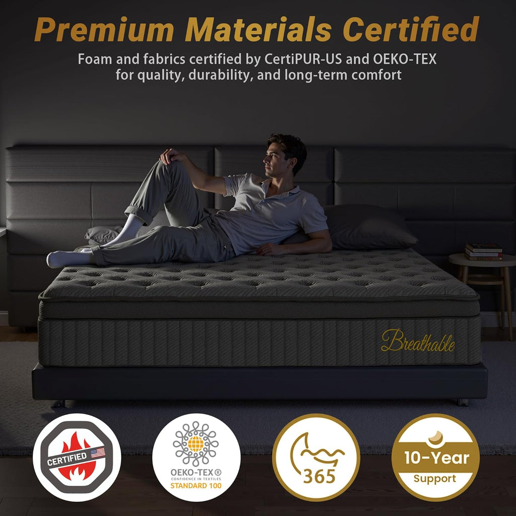 12″ Queen Hybrid Mattress – Balanced Support & Comfort, Cooling Breathable Foam + Pocket Coils, Motion Isolation, Reinforced Edges, CertiPUR-US, Fiberglass-Free, Mattress in a Box
