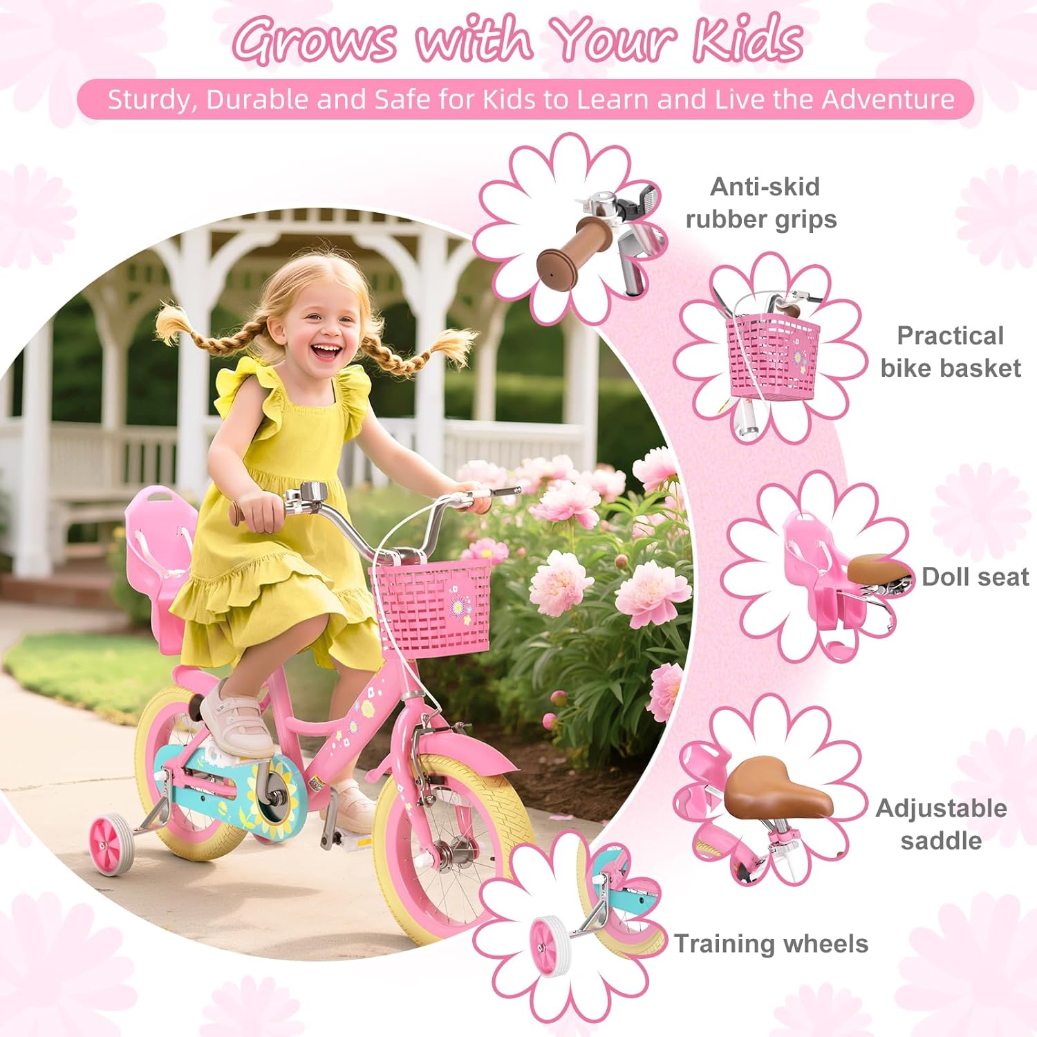 XJD Girls Bike for Toddlers 3-9 Years Old Kids, 12 14 16 Inch Kids Bike with Training Wheels, Streamers, Basket and Doll Seat