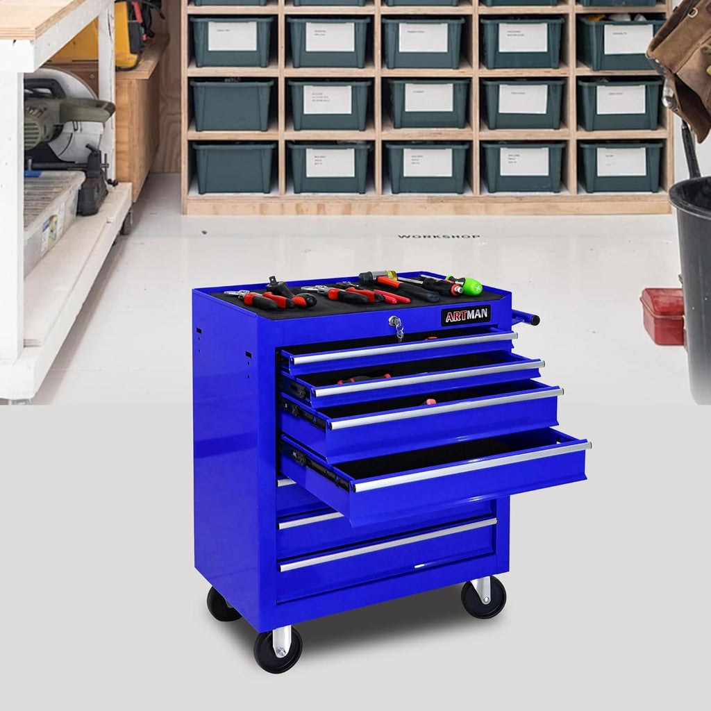 7 Drawers Rolling Tool Cart on Wheels, Multifunctional Organizer Tool Chest Tool Case, Trolley Tool Storage Tool Box for Workshop,Garage,Repair Shop (7 Drawers 24.2" W×12.9" D×29.9" H-Blue)