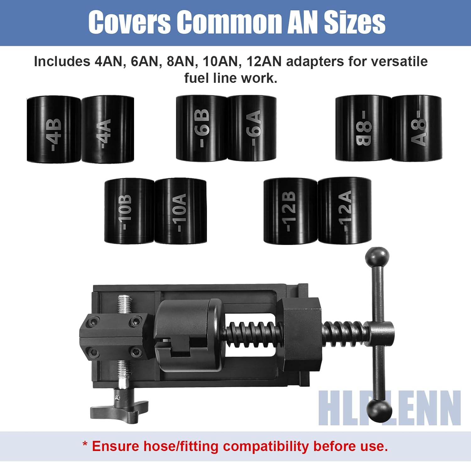 Fitting Installation Tool Kit for 4AN-12AN Hoses, Universal an Hose Assembly Tool & Fuel Line Fittings Removal Tool with 6 Dies (4,6,8,10,12AN) - Works with CPE & All Brands Fuel Lines