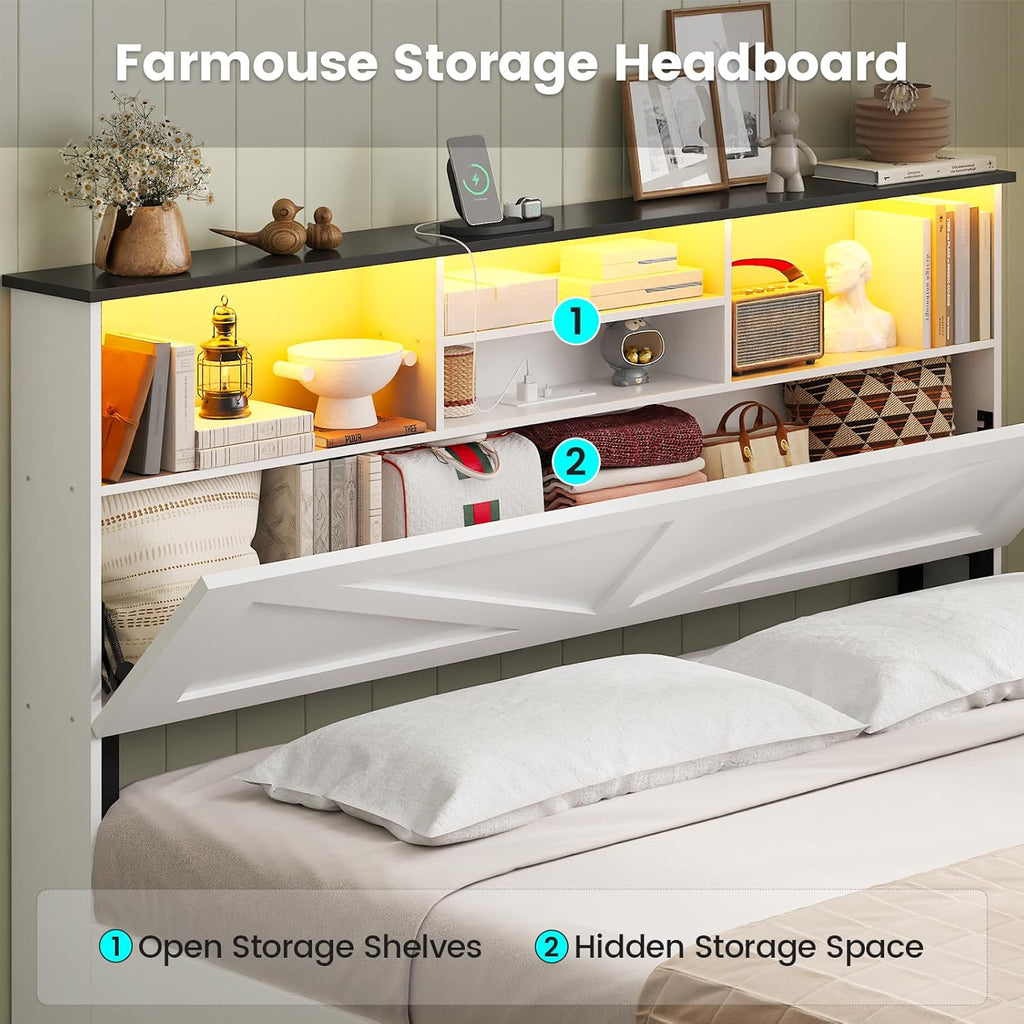 AOGLLATI Farmhouse Bed Frame Full Size with 4 Storage Drawers and Charging Station, Wooden Full Size Bed Frame with Hidden Space Bookcase Headboard and Led Lights & Metal Slats, White