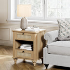 WAMPAT Rattan End Table with Charging Station for Living, Small Sofa Side Table with 2 Drawers & Open Shelf, Farmhouse Wooden Night Stand Retro Bedside Table for Living Room, Light Oak