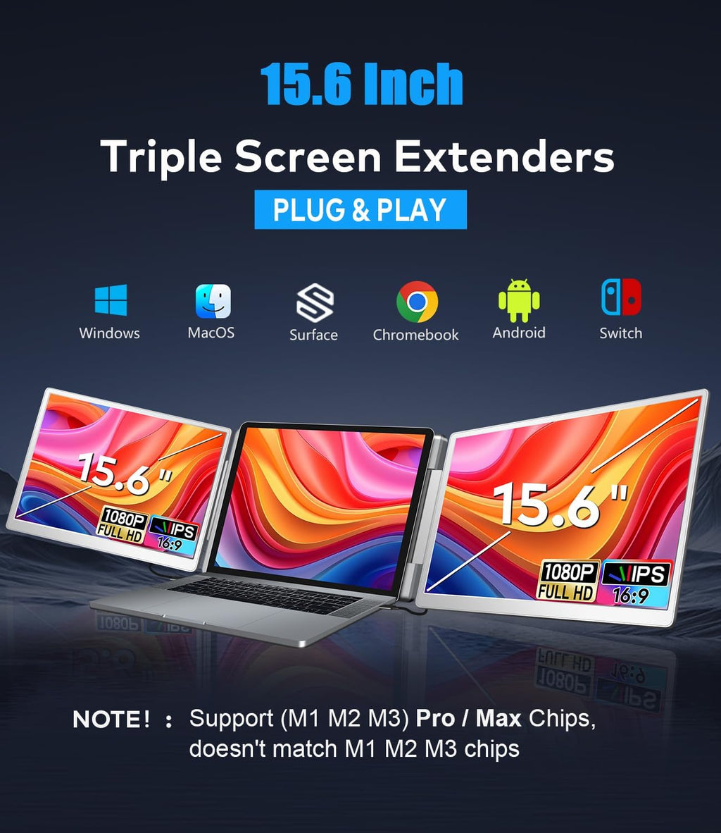 15.6" Laptop Screen Extender  Left Screen 360° Flip Triple Screen Monitor Extender  FHD 1080P IPS Portable Travel Monitor Display  fit for 12–18.5" Laptops  Compatible with Windows and MacBook-S10