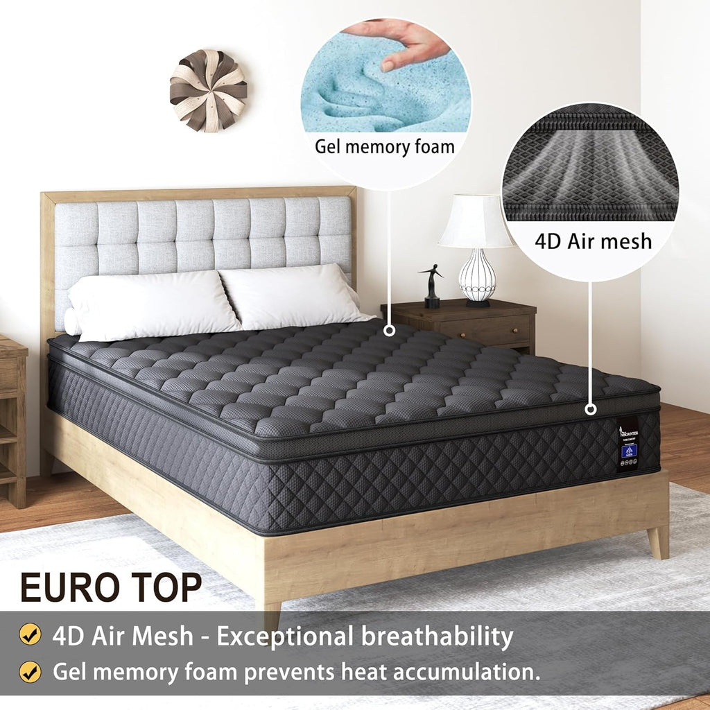 King Mattress 14 Inch,Hybrid Mattresses Euro Top Medium Firm for Back & Lumbar Support, 100 Night Trial, Individual Pocket Spring Bed for Motion Isolation & Pressure Relief Black