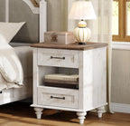 WAMPAT Farmhouse End Table Nightstand with Charging Station, Small Side Table with 2 Drawers & Shelf for Living Room, Light Wood Night Stand Bedside Table for Bedroom, Antique White
