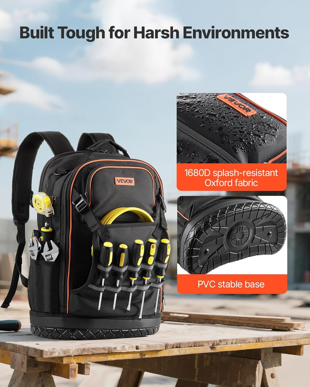 VEVOR Tool Backpack with Tools, 65 Pockets, Heavy-duty Tools Storage Organizer Bags with Laptop Compartment & Molded Base, Electrician Jobsite Backpack for Electrician, Repairman, and HVAC Techs