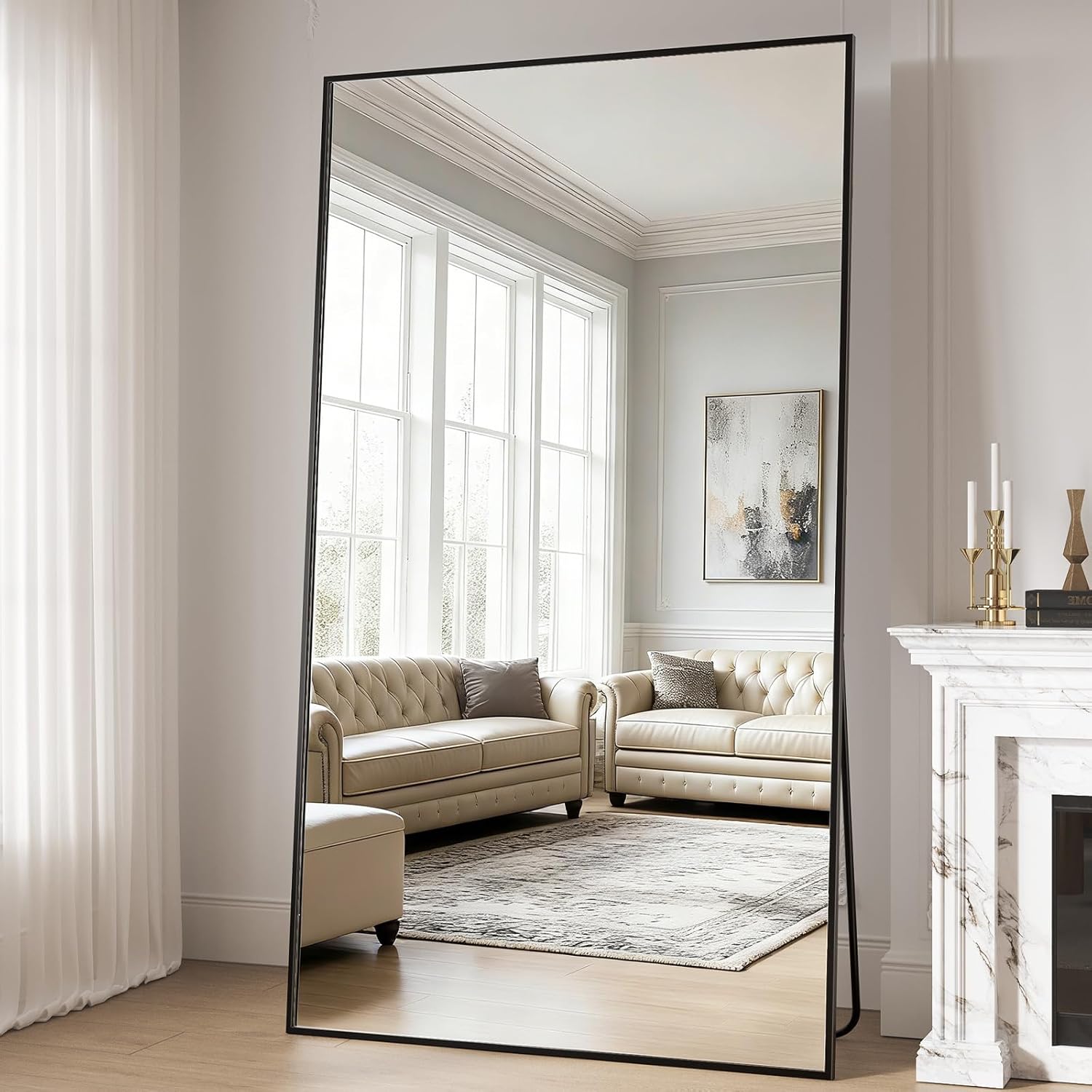 Full Length Mirror, 77"x38" Large Floor Mirror with Stand, Tall Full Body Mirrors for Bedroom, Hanging Mounted for Living Room Cloakroom, Aluminum Alloy Frame, Black