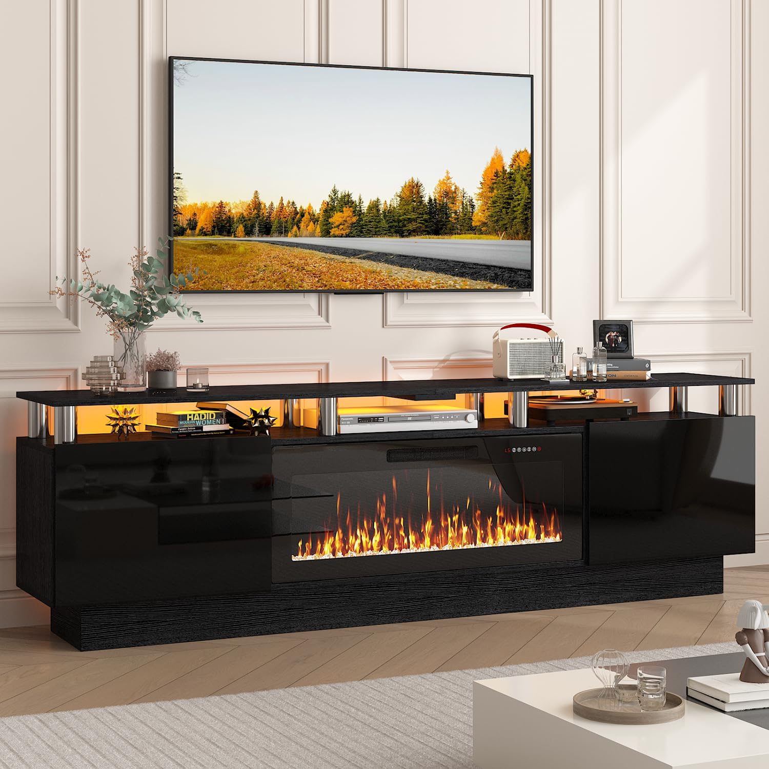 PUKAMI 70" Fireplace TV Stand, LED Light Entertainment Center with 36" Electric Fireplace, 2 Tier Modern Wood Media TV Console with Highlight Storage Cabinet for Living Room, Black